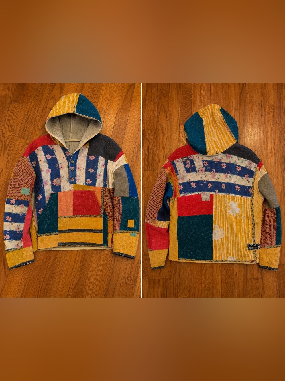 Patchwork Hooded Pullover Sweatshirt - Multicolor
